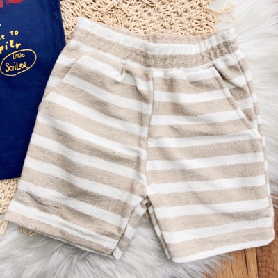 Conj. Camiseta Marine Deep Fisher e Bermuda Listrada em Linho - Marinho e Areia